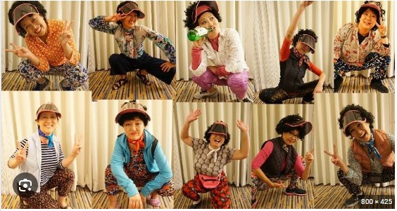 Tem portrait images of asian women, squatting down and posing for the camera, all wearing colourful mismatched clothes with sun visors.