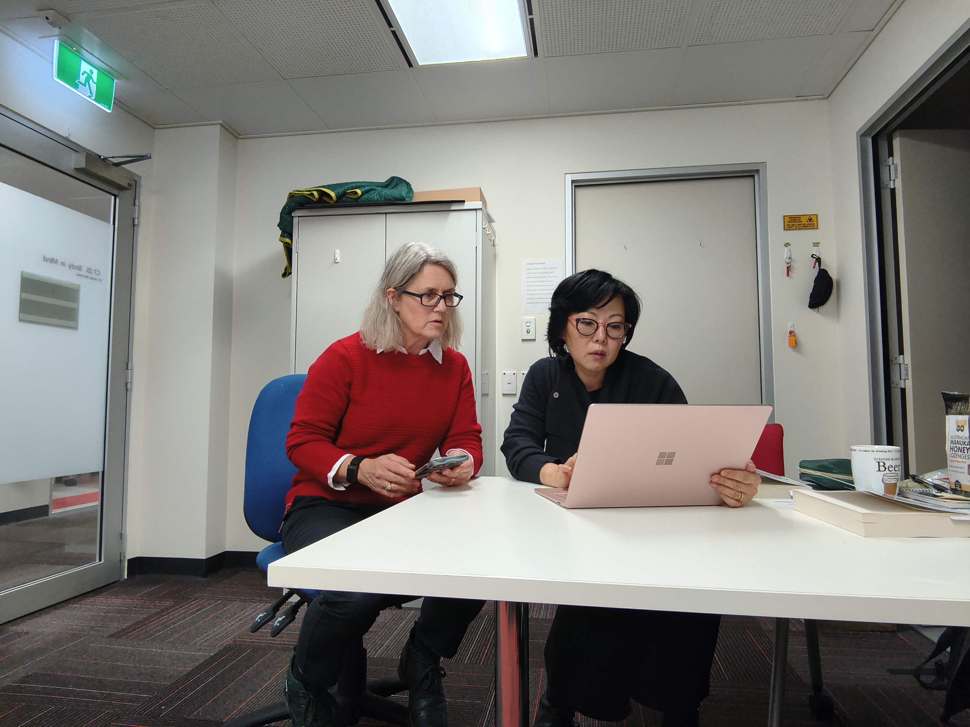 Two women looking at a laptop screen on a table in an office
